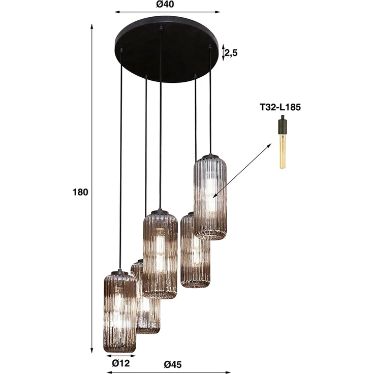 KAWOLA Hängeleuchte CARTOLA Hängelampe 5-flammig Glas schwarz 180 x 45 x 45 cm – Bild 6
