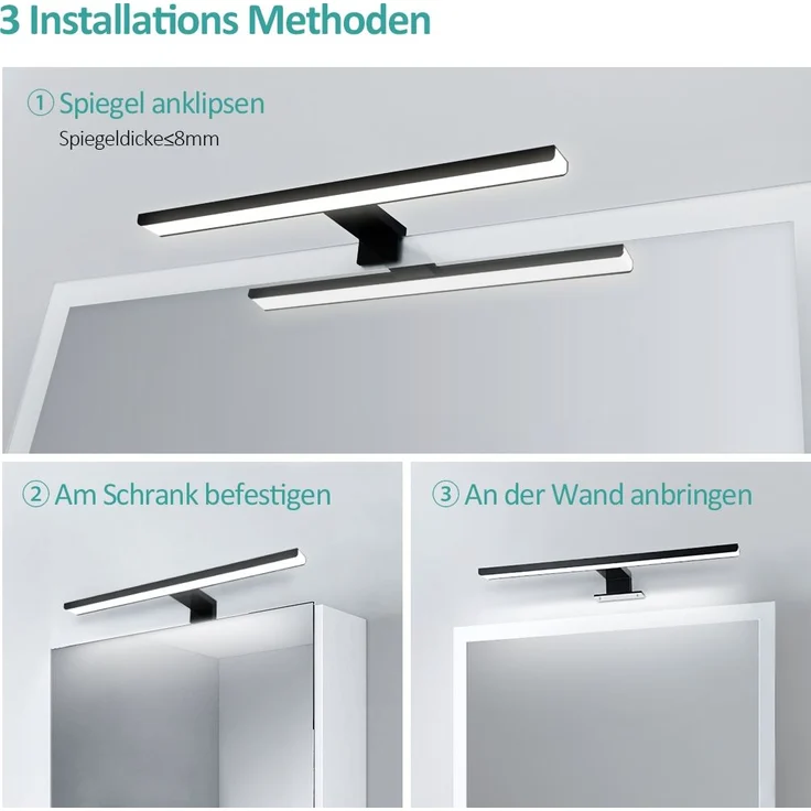 EMKE Spiegelleuchte LED Spiegelleuchte 40cm Spiegellampen für Badezimmer IP44 Schrankleuchte, Schwarz, Kaltweißes Licht 6000K – Bild 4