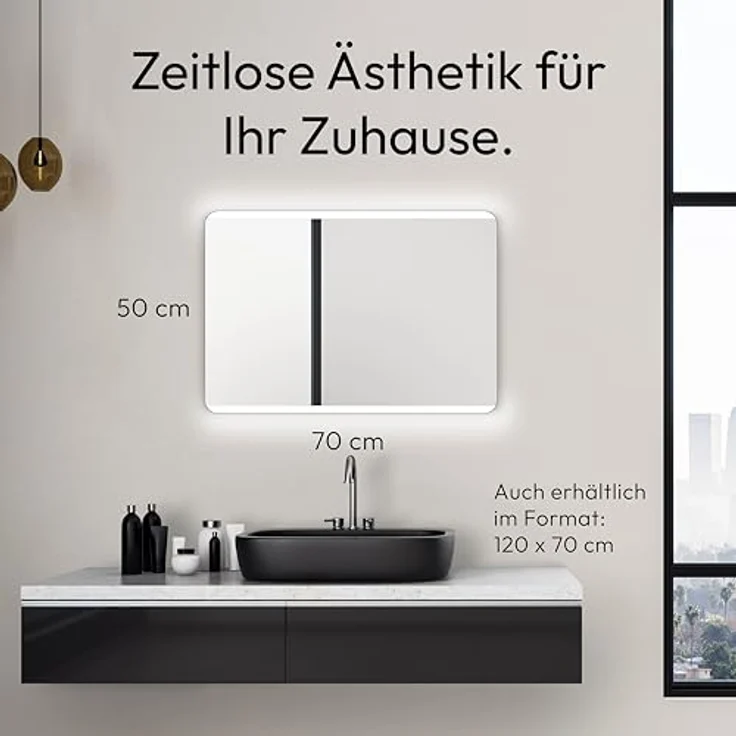 Talos Badspiegel Chic 50 x 70 cm, mit energiesparender LED-Beleuchtung und hinterleuchteten Lichtausschnitten, spritzwassergeschützt, vertikale/horizontale Aufhängung – Bild 5