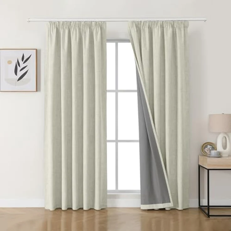 Joydeco 100% Verdunkelungsvorhänge Leinen Gardinen mit Kräuselband 2er Set H183xB117cm Hellbeige, Thermovorhang Kälteschutz Blickdicht Schallschutz Ideal für Wohnzimmer passt zu Schienensystemen – Bild 3