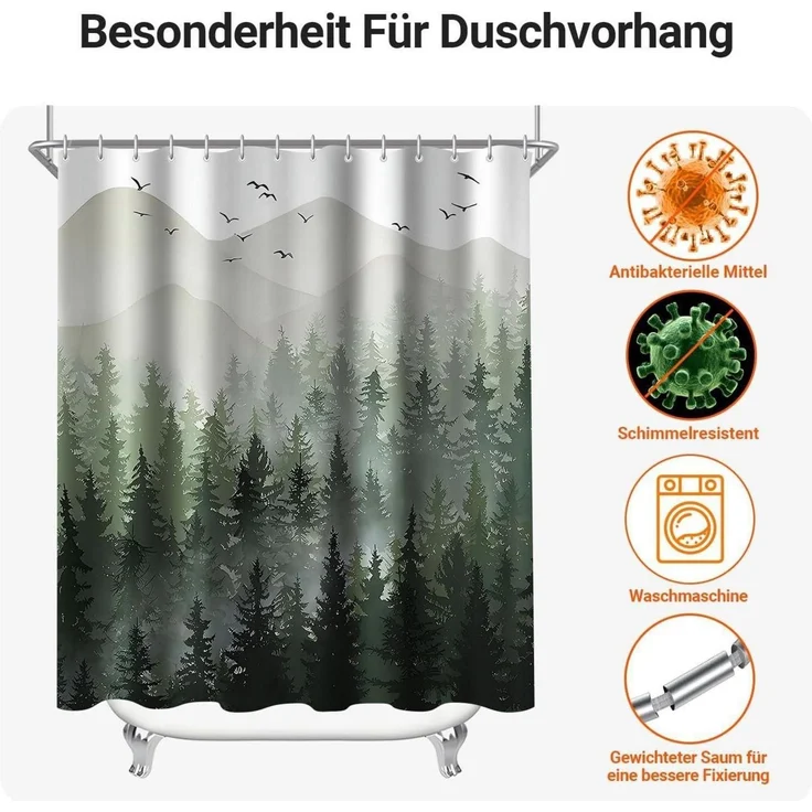 Duschvorhang Wald Antischimmel Textil 240x200cm 16 Ösen Polyester Badevorhängen – Bild 7