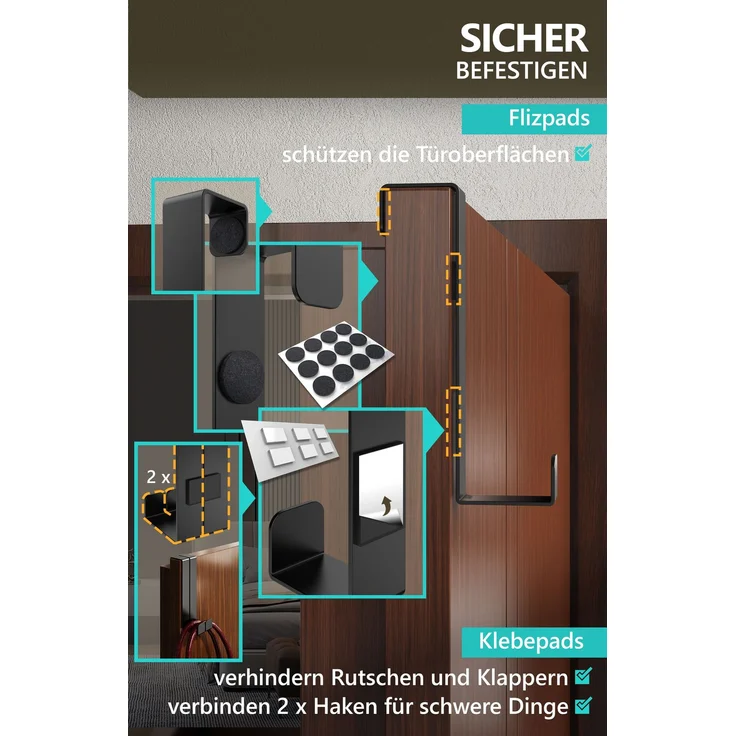 Aurelia Home Türhaken zum Einhängen, 6er-Set, Schwarz – für Türen und Schranktüren, bis 8 kg – Bild 6