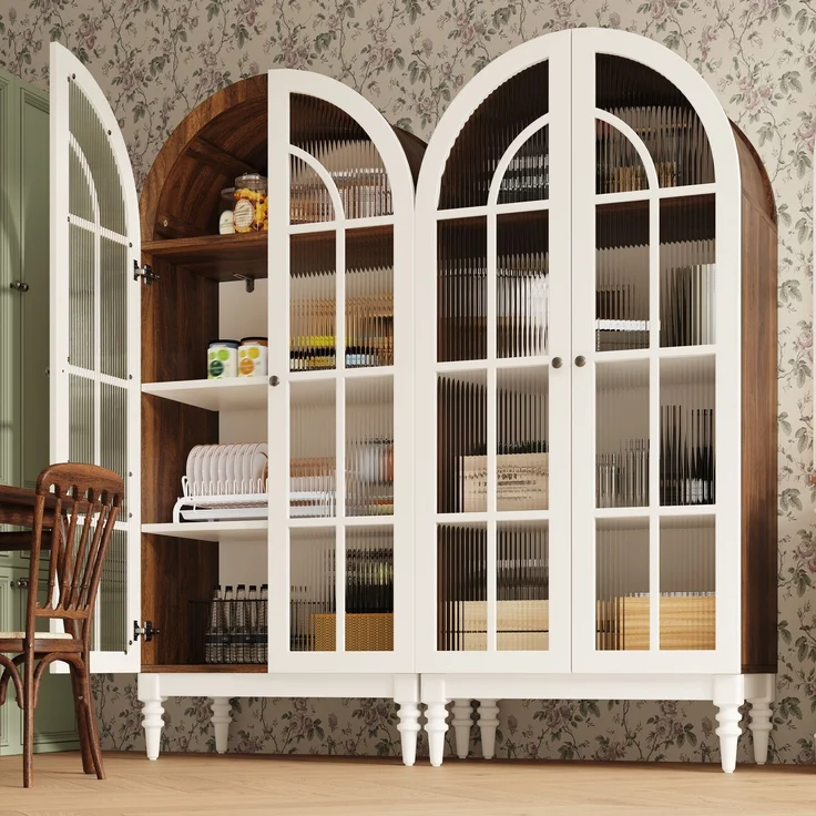 2-set Bogen-Vitrinenschrank 165cm mit Riffelglas-Doppeltüren, 3 Einlegeebenen, 2 Farben (Nussbaum+Weiß)--Weiß--76x38.5x165cm--YOUDENOVA – Bild 2