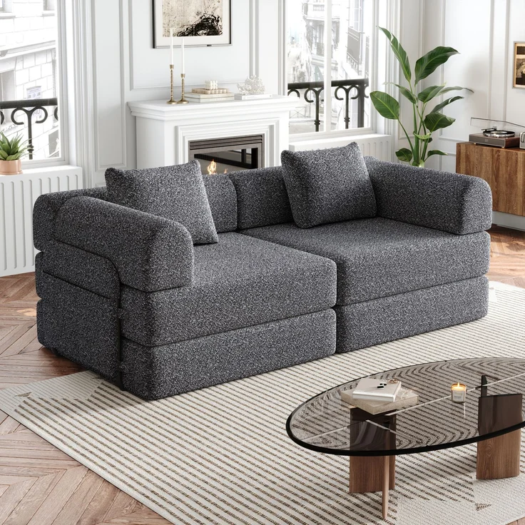 Schlafsofa mit Ablagefach & Stahlrahmen, wandelbarer Einzelsitz Sofa Bett mit rutschfester Unterlage,2-Sitzer,Grau – Bild 3