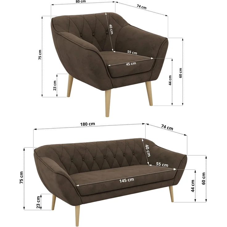 Wohnzimmerset PIRS 1-1-3, Skandinavisches 3-Sitzer Sofa mit Sesseln, Sofa mit Wellenfederung, Buche Füße, Skandinavisches Möbelset - Braun Velvet – Bild 5