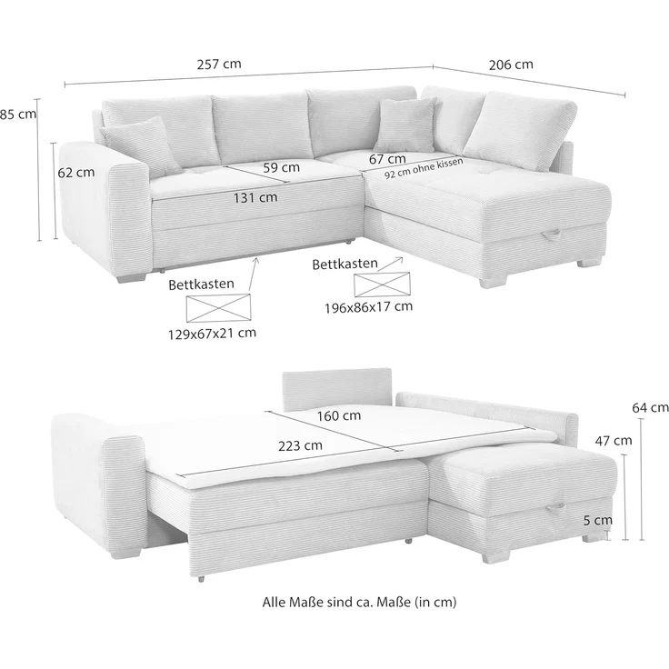 Ecksofa-Dauerschläfer Boxspring Federkern-Couch Topper Bettkasten, Cord Beige Grau – Bild 3