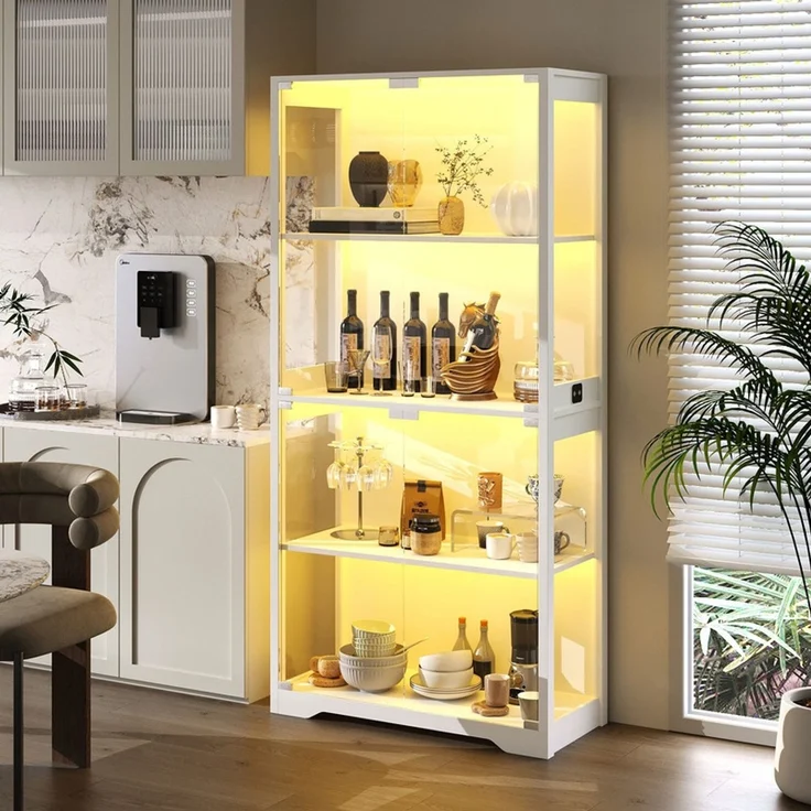 Glasvitrine 80x35x165 cm, 4-stöckige Vitrine mit LED-Beleuchtung, Bewegungssensor und Pop-up-Glastüren, Weiß – Bild 3