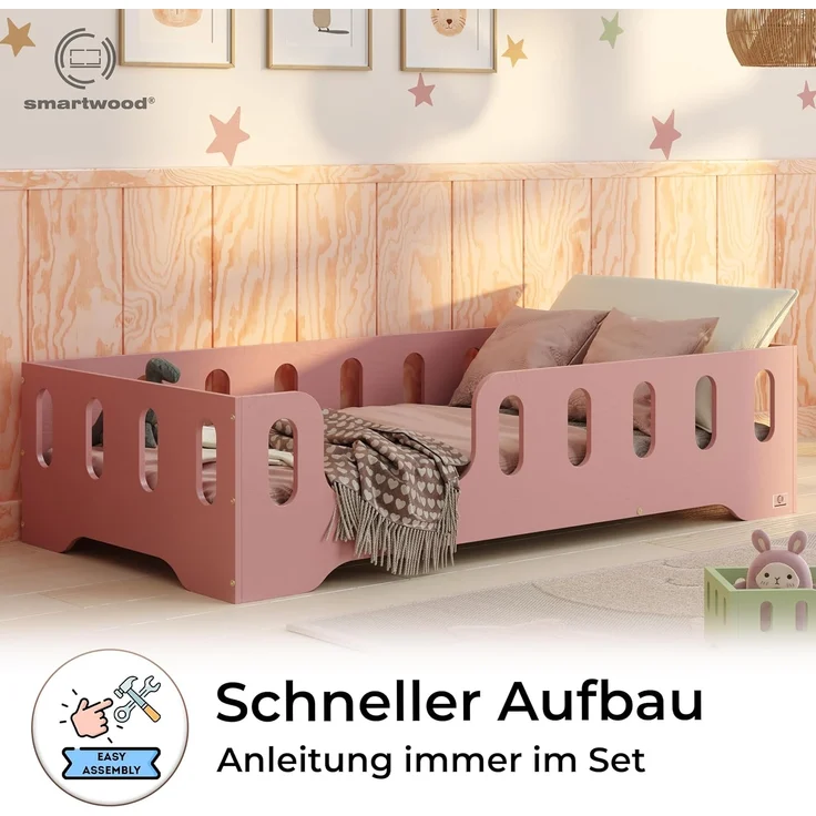 smartwood Kinderbett Bodenbett 140x180 mit Rausfallschutz & Lattenrost - Rosa - Kinder Montessori Bett TILA 2L mit glatten Kanten - Betten für schnelle Montage - Bis 300 kg belastbar – Bild 4
