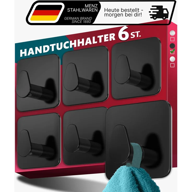 Lindenstein Ovale Klebehaken 6er-Set Schwarz – Edelstahl V2A, 3M-Klebepads – Bild 1