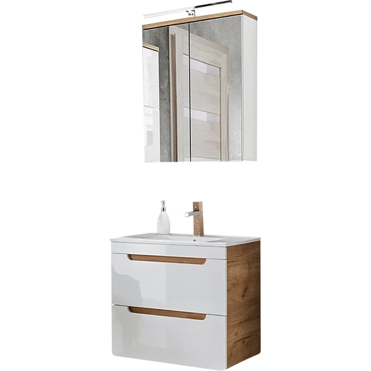 Badezimmer Waschplatz mit 61 cm Keramikwaschtisch LUTON-56 Hochglanz weiß mit Wotan Eiche Nb, B/H/T ca. 60/200/46 cm – Bild 9