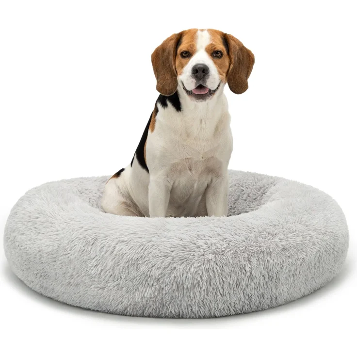 lionto Donut Hundebett, rundes Hundesofa mit Plüschbezug & Anti-Rutsch-Noppen, weich & gemütlich, 80 cm Durchmesser, hellgrau – Bild 1