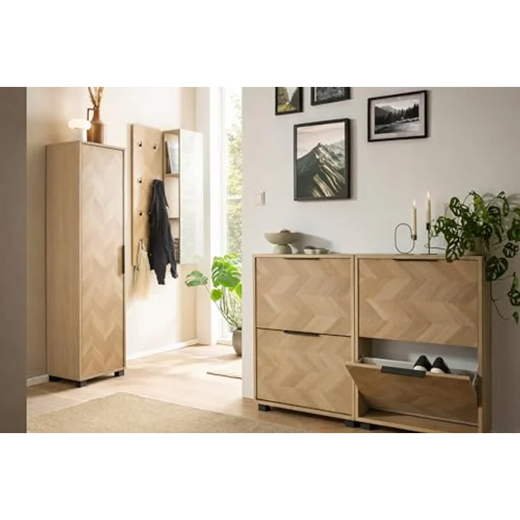 Schildmeyer Schuhschrank Schuhkipper Piazza 160869, Eiche hell Dekor/Fischgräten Dekor, 59,8 x 19,5 x 124,5 cm, platzsparend durch geringe Tiefe – Bild 5