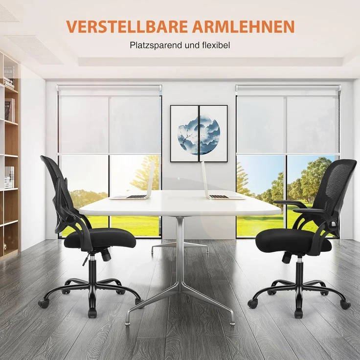 Sweetcrispy Bürostuhl mit Verstellbaren Armlehnen, Ergonomischer Schreibtischstuhl mit Lendenwirbelstütze, Höhenverstellbar, 360° Drehstuhl Gepolstertem Sitzkissen für das Büro Arbeitszimmer, Schwarz – Bild 8