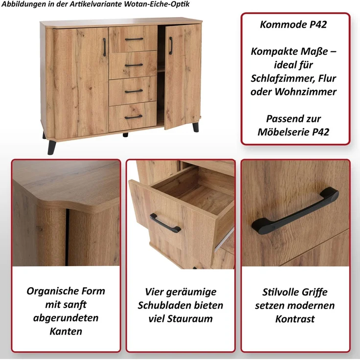 Kommode HWC-P42, Sideboard Schrank Anrichte, 4 Schubladen Staufächer 2 Türen, MDF 92 x 120 x 40 cm ~ Wotan-Eiche-Optik – Bild 2