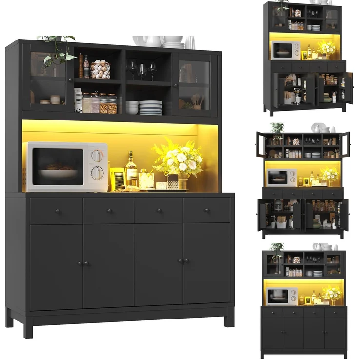 Hochbuffetschrank 140*38.5*180cm mit App-gesteuerter RGB-LED, Glastüren & 4 Schubladen, verstellbare Einlegeböden, belastbar bis 100kg, Schwarz – Bild 8