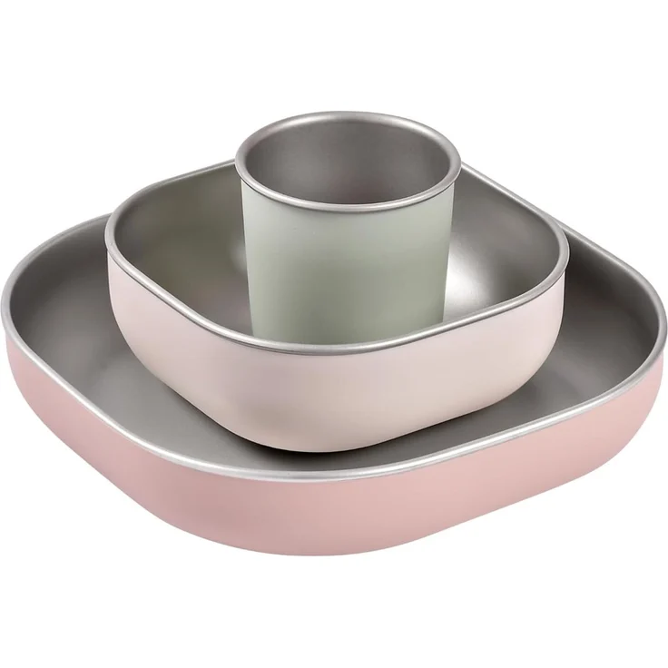 BÉABA Baby-Essensset Edelstahl 3-teilig – Glas + 2 Teller mit Silikonhülle, Mikrowellen- & Spülmaschinengeeignet, Leicht, Bruchsicher & Rutschfest – Farbe Barbapapa – Bild 1