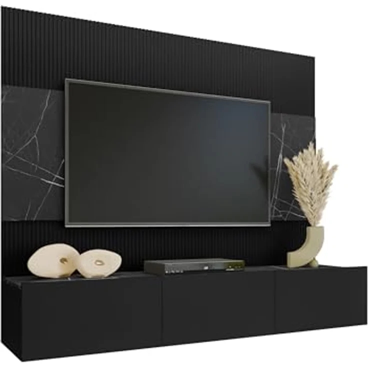 Mirjan24 Wohnwand, Schwarz, Holzwerkstoff in Marmor Optik, 180x150x38 cm, mit push-to-open System und Gasdruckfeder – Bild 1
