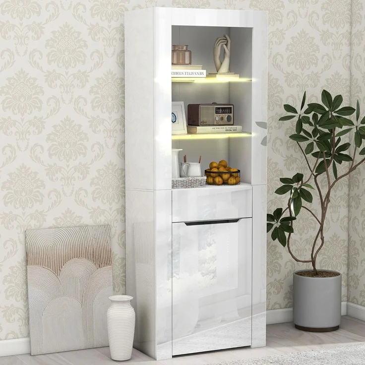 Ball & Cast Standvitrine mit Beleuchtung - Mit Offenen Fachböden & Schubladen, Vitrine für Küche, Schlafzimmer & Wohnzimmer, Weiß – Bild 3