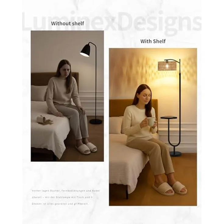 LuminexDesigns Stehlampe Wohnzimmer Vintage Rattan - Stehleuchte Schwarz Retro E27 mit Ablage Höhenverstellbar 176CM Boho Standleuchte mit 2M Kabel Fußschalter Beige Standlampe für Schlafzimmer – Bild 9