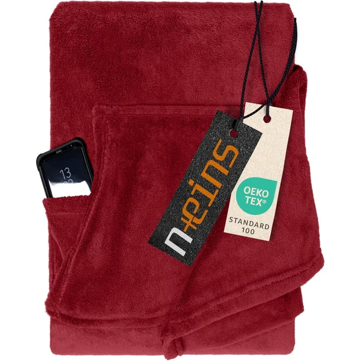 npluseins Coral Fleece Kuscheldecke – das Original mit Ärmel & Bauchtasche 1448. 2043, Burgund