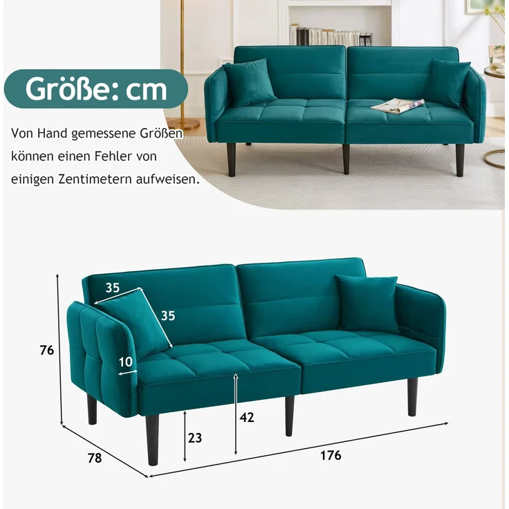 Merax 2-in-1 Verstellbares Schlafsofa – Zweisitzer mit Samtbezug, klappbaren Armlehnen & Schlaffunktion, ideal für kleine Räume, Antik Blaugrün – Bild 4