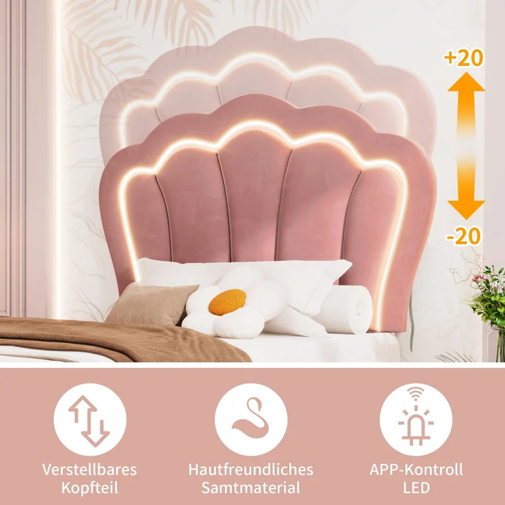 Kinderbett, Samt mit LED & Schublade, 90x190 cm, Rosa, ohne Matratze – Bild 6