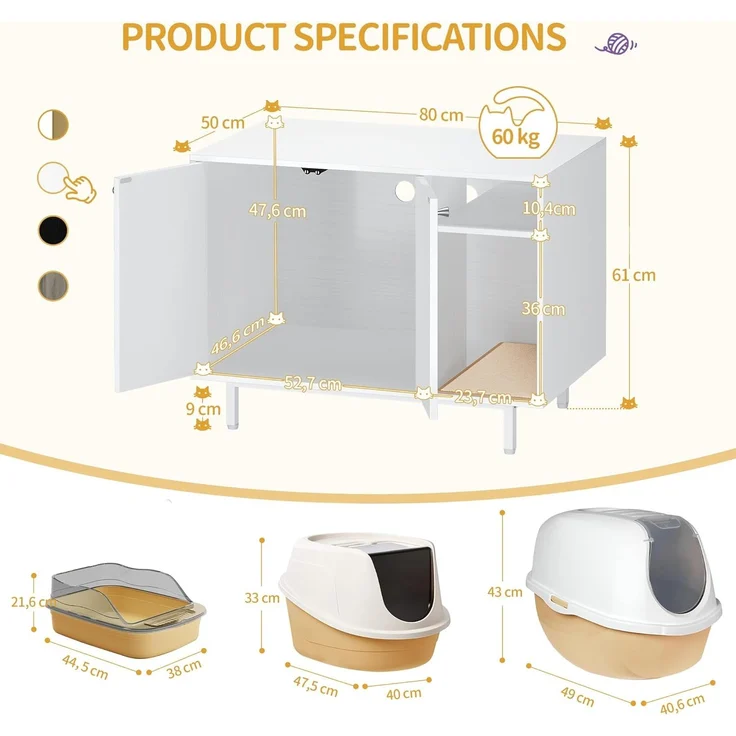 Katzenschrank, Katzentoilette, Katzenklo Schrank, Katzenhaus mit Tür und separater Trennwand, 80 x 50 x 61 cm, Stabile Katzenschrank, Sitzbank, Weiß – Bild 8