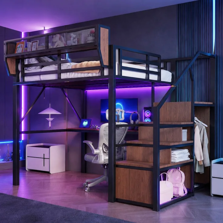EINHOM Hochbett (140 x 200 Cm), Metallbett mit LED-Lichtleiste, Langem Schreibtisch, Sicherheitsleiter und Flexiblem Stauraum, Universelles Metallbett für Erwachsene und Kinder, Schwarz (Ohne Matratze)