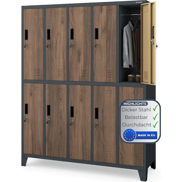 Umkleideschrank Spind BERLIN - 10 Abteile, Etikettenhalter Lüftungsschlitze | Umkleidespind Schließfachschrank Garderobenspind, 172x136x45cm Anthrazit-Nussbaum