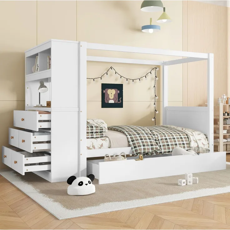 Einzelbett aus Massivholz, 90x200 cm, mit Stauraum und 5 Schubladen, Weiß, ohne Matratze