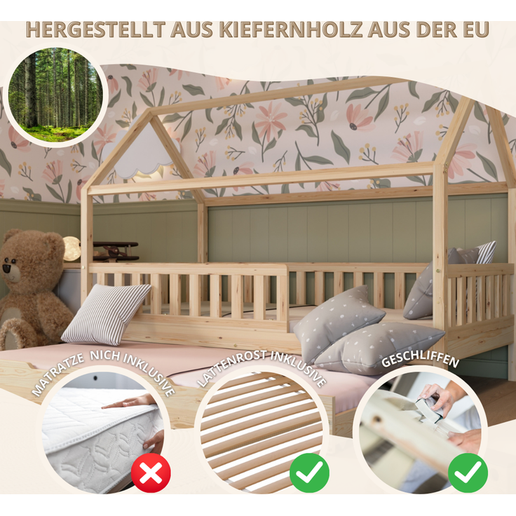 Crazy Pine 'Crazy Blanco' Hausbett mit Rausfallschutz, Skandinavisches Design, Naturholz, Natur, 100x200 cm, mit Ausziehbett – Bild 4