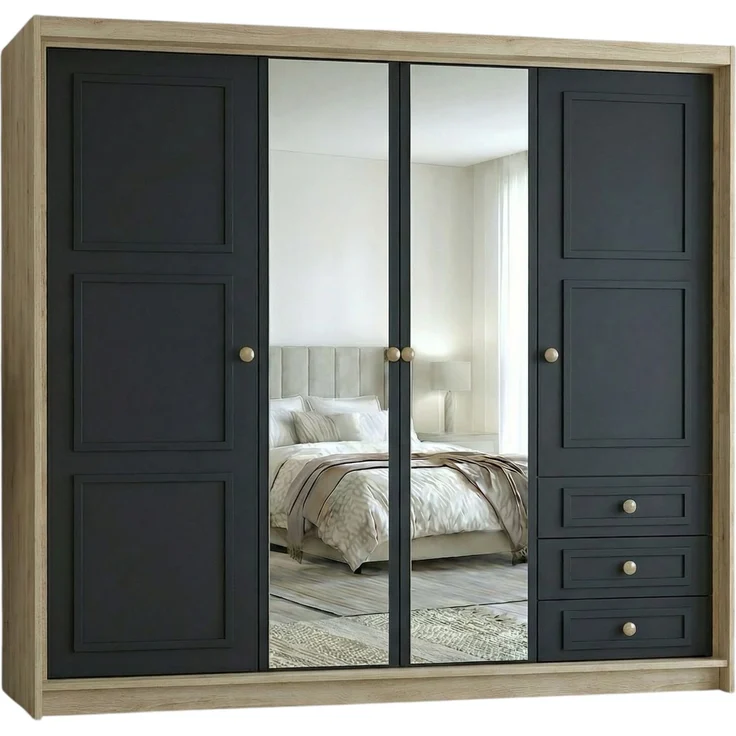 Drehtürenschrank OSLO viertüriger Kleiderschrank mit Schubladen und Metallgriffen – Bild 2
