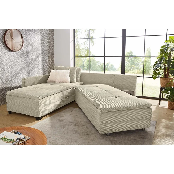 Ecksofa-Dauerschläfer Doppelbett Federkern Bettkasten Couch in Cord Beige Grau – Bild 4