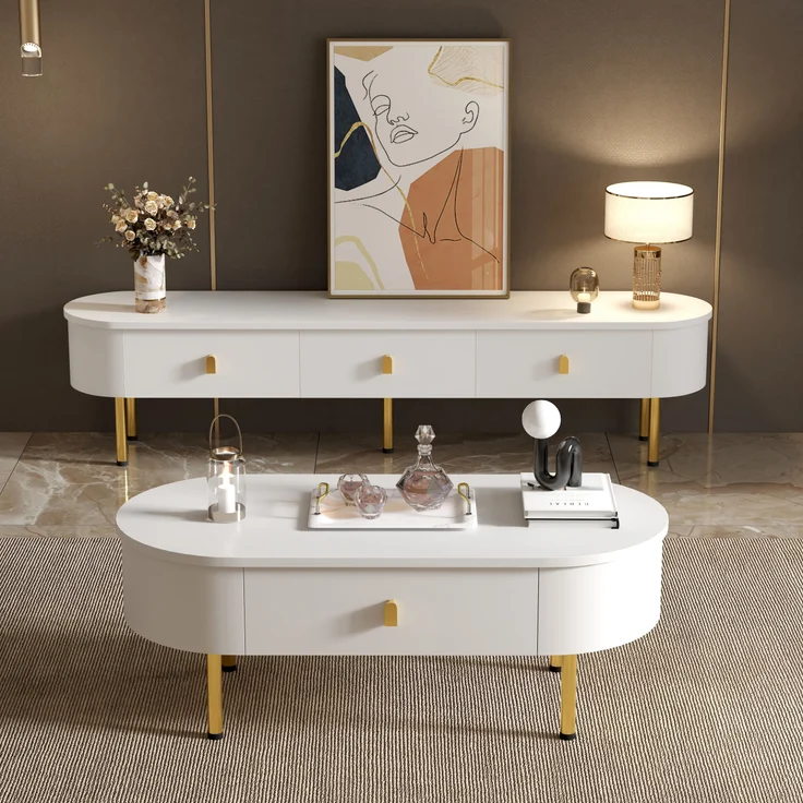 Moderner TV-Schrank 174 cm mit goldenen Griffen, geschwungenen Kanten und hochwertiger Lackoberfläche in Weiß, 174 x 35 x 41 cm – Bild 7