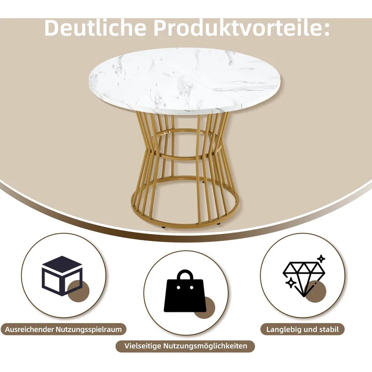 Runder Esstisch 100 cm Durchmesser x 75 cm Höhe, MDF-Tischplatte mit Marmormuster, stabiles Metallgestell, runder Küchentisch für Esszimmer – Bild 4