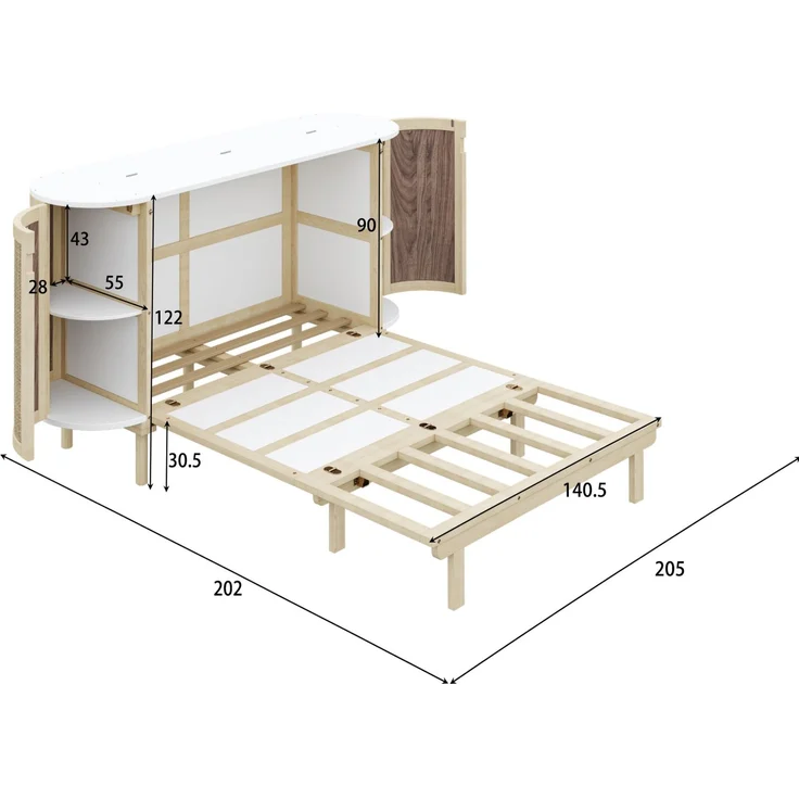 Wandschrankbett 140x200 cm, klappbar, mit Staufächern und Rattan-Front in Naturholz/Weiß – Bild 10