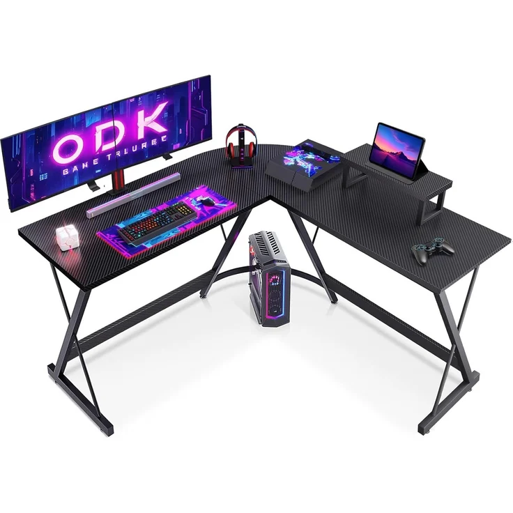 ODK Gaming Tisch, Computertisch, Gaming Schreibtisch mit runder Ecke, Gaming-Tisch mit Monitorablage (Kohlefaser Schwarz, 127x127 cm) – Bild 1