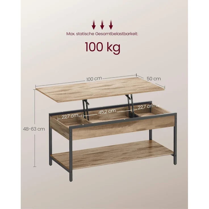 VASAGLE Couchtisch, höhenverstellbar, mit offenem Fach und versteckten Fächern, Holz/Metall Kamelbraun-tintenschwarz, 50x100 cm – Bild 4