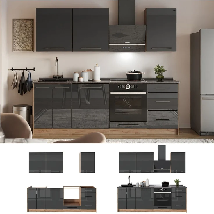 Küchenzeile Fame-Line Anthrazit Hochglanz/Goldkraft Eiche 230 cm, AP Eiche Vicco – Bild 4