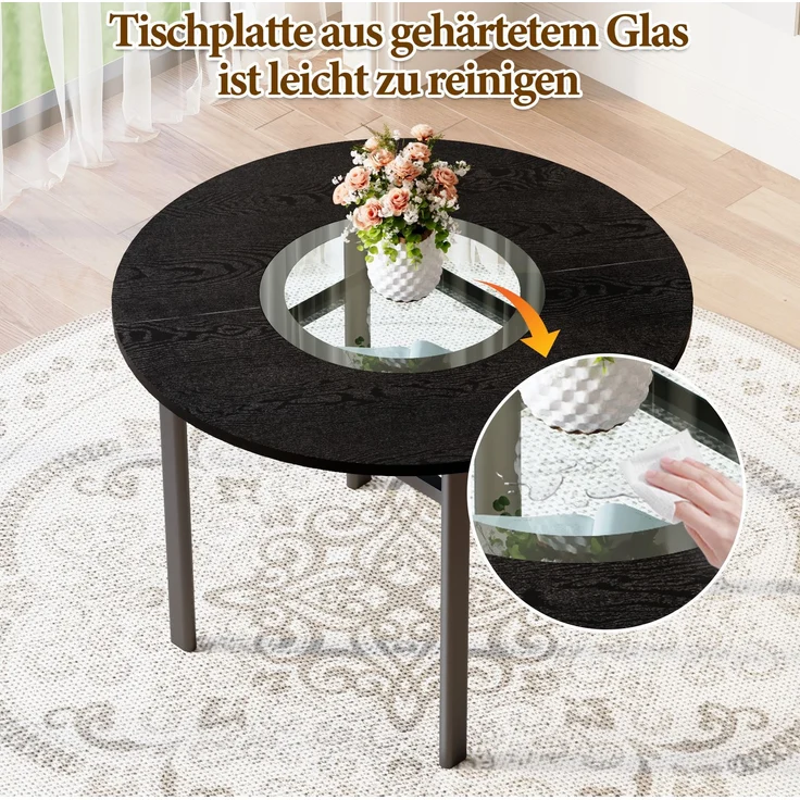 Esstisch-Set mit Glasintarsie & Ablage, Ø 100x76 cm, Schwarz/Hellgrau – Bild 6