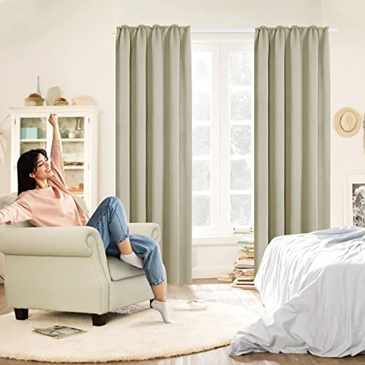 Deconovo Verdunkelnd Gardinen mit Kräuselband für Schiene Sichtschutz Beige | 2er Set, H 200 x B 140 cm, Thermogardine Wärmeisolierend, Wohnzimmer, Hitzeschutz, Sichtschutz, Wärmehaltung, Wohnzimmer Deko – Bild 4
