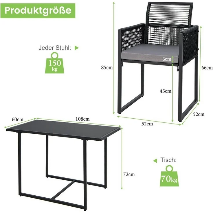 COSTWAY Balkonset 3-teiliges Rattan Gartenmöbel, (3-tlg), mit 2 Stühlen & Tisch – Bild 2