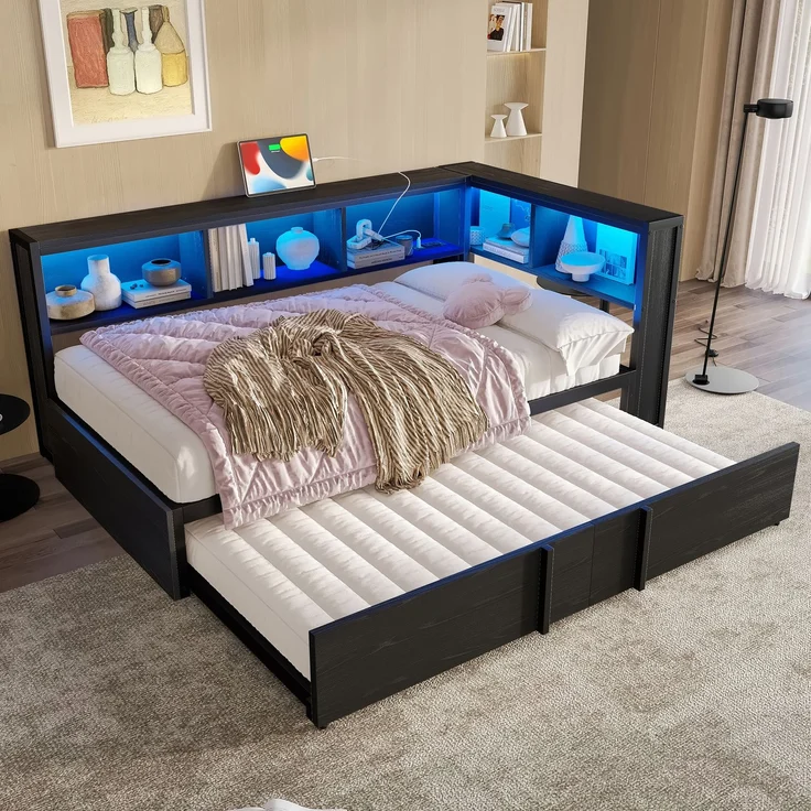 EINHOM Metall-Tagesbett, 90 x 200 cm, mit Ausziehbett, Stauschränken, LED-Beleuchtung und USB-Anschlüssen, Schwarz (Ohne Matratze) – Bild 3