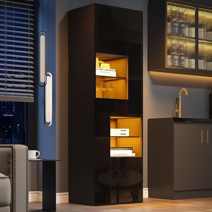 DESVIAE Vitrine mit LED-Beleuchtung und Schublade 55x170x38 cm Spanplatte Glas Schwarz – Bild 3