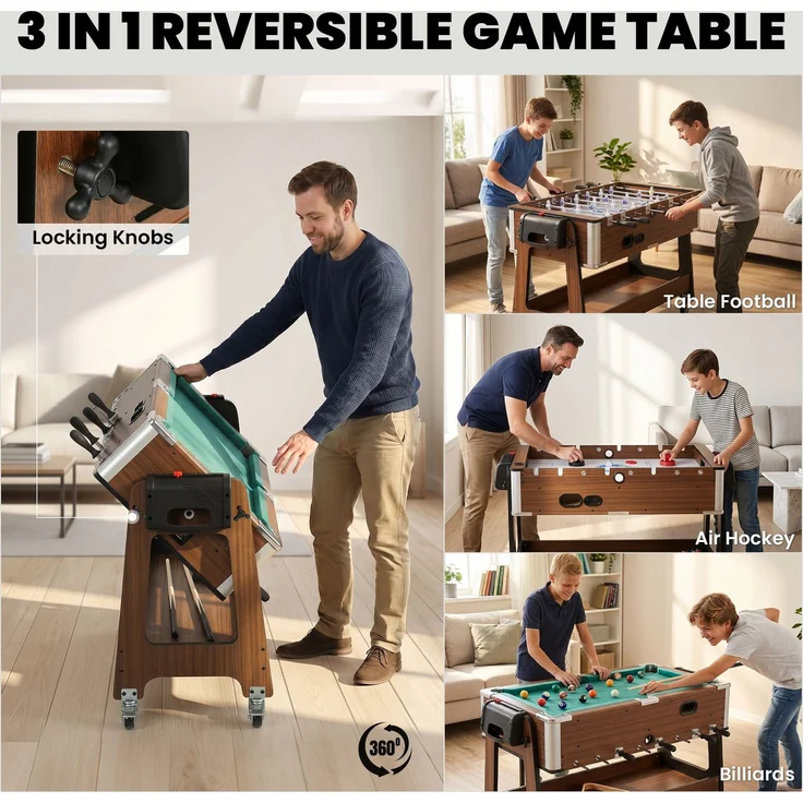 MELAYR, 3-in-1 Multi Spieltisch drehbar Multifunktionstisch mit Billardtisch Tischfußball, 102.5 x 61.5 x 65 cm, Walnuss – Bild 6