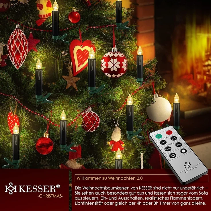 KESSER® Weihnachtsbaumkerzen 20 LED Inkl. Batterien Kabellos - Warmweiß - mit Fernbedienung Funk - Timerfunktion - Flackern - Dimmbar Weihnachtskerzen Christbaumkerzen Befestigungsklammern Kerzen Schwarz, 30 LED's – Bild 4
