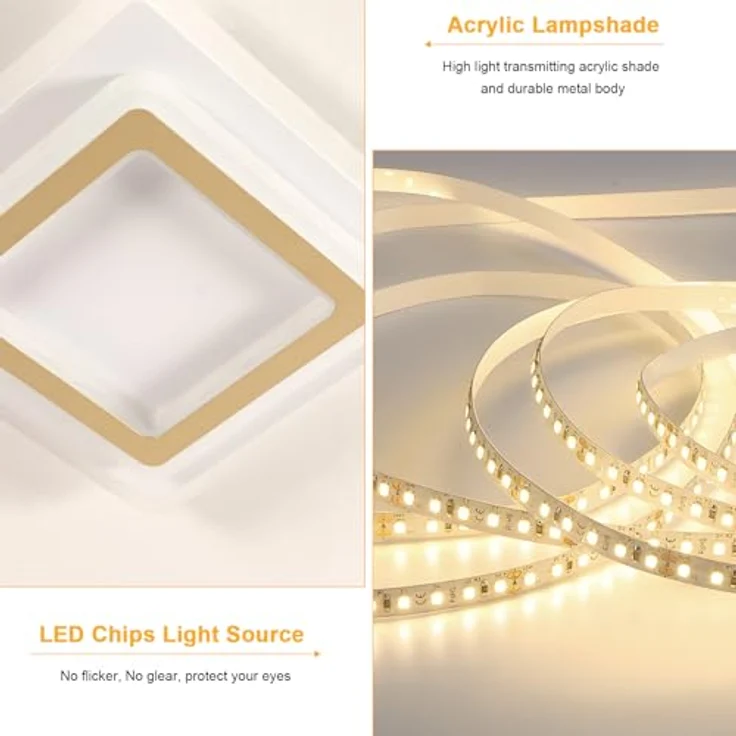 Goeco 44W LED Deckenleuchte Modern, Gold Deckenlampe LED Quadratisch, Acryl Deckenlampe Deckenbeleuchtung für Wohnzimmer Schlafzimmer Flur Küche Balkon, 3000K Warmweiß – Bild 6