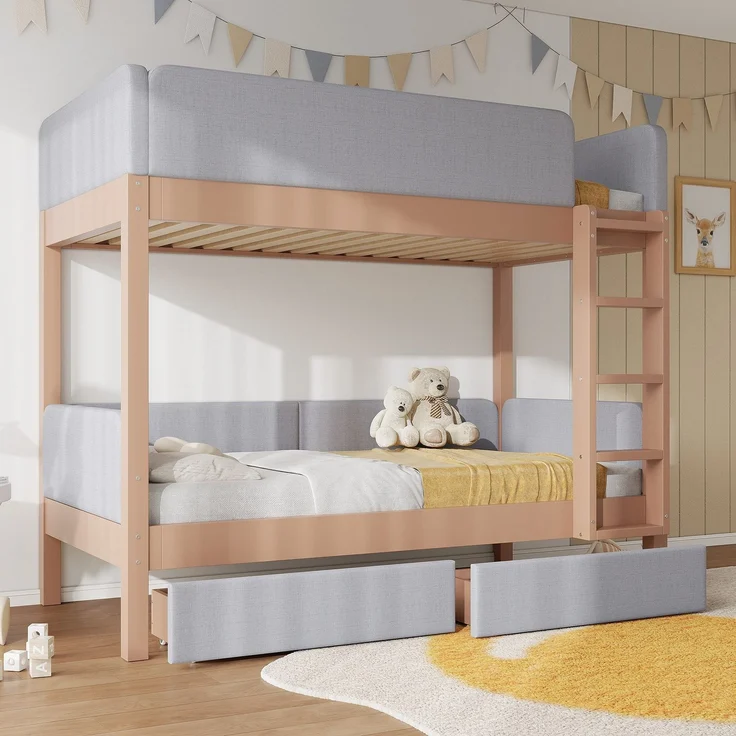 Etagenbett mit gepolstertem Rausfallschutz und Schubladen, 90x200cm, Kinderbett mit Trittleiter und Lattenrost, Massivholz – Bild 3