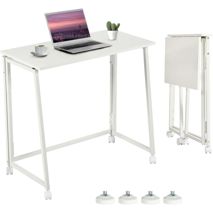 MEUBLE COSY Klapptisch mit Rollen Kleiner Klappbarer Schreibtisch Laptoptisch aus Holz und Metall Computertisch fürs Büro, Wohnzimmer, Home Office, Skandinavisch Style, Weiß