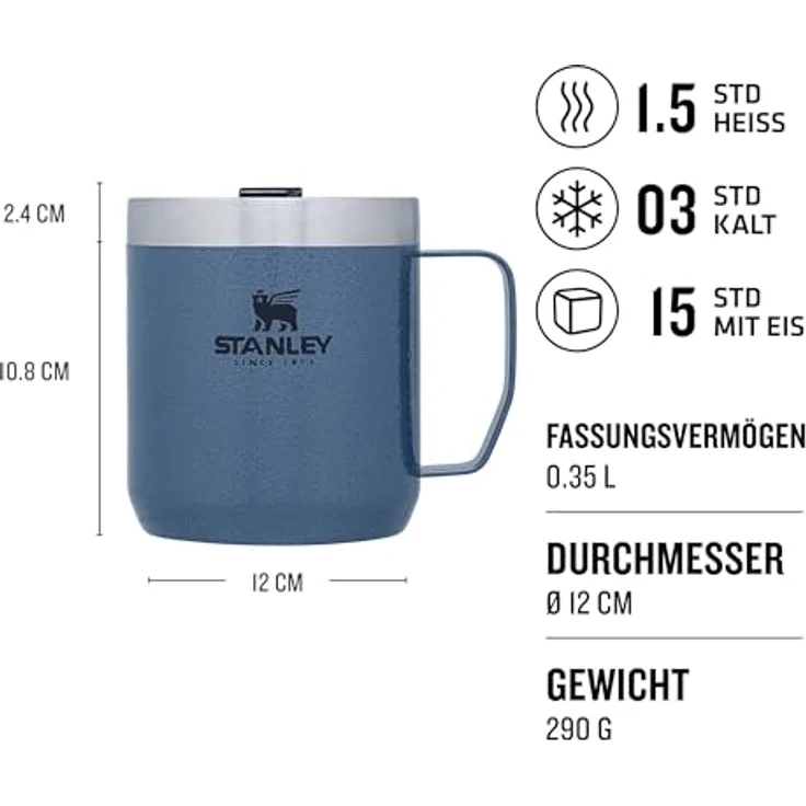 Stanley Classic Legendary Vakuumbecher aus Edelstahl mit Vakuumisolierung in Hammertone Lake 0,35l, Maße: 10,8cm x 9,9cm x 12cm, 673510 – Bild 2